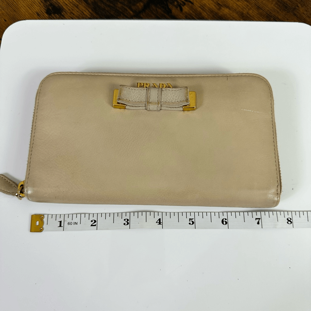 Prada Ribbon Beige Long Zippy Wallet Full Zip Leather