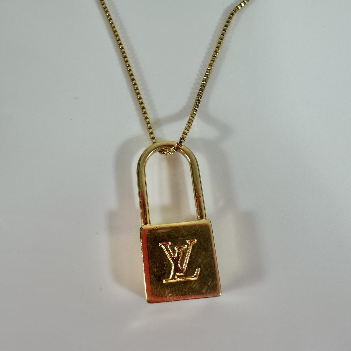 Louis Vuitton LV Logo Padlock Zipper Pull Upcycle Pendant Necklace Gold Tone