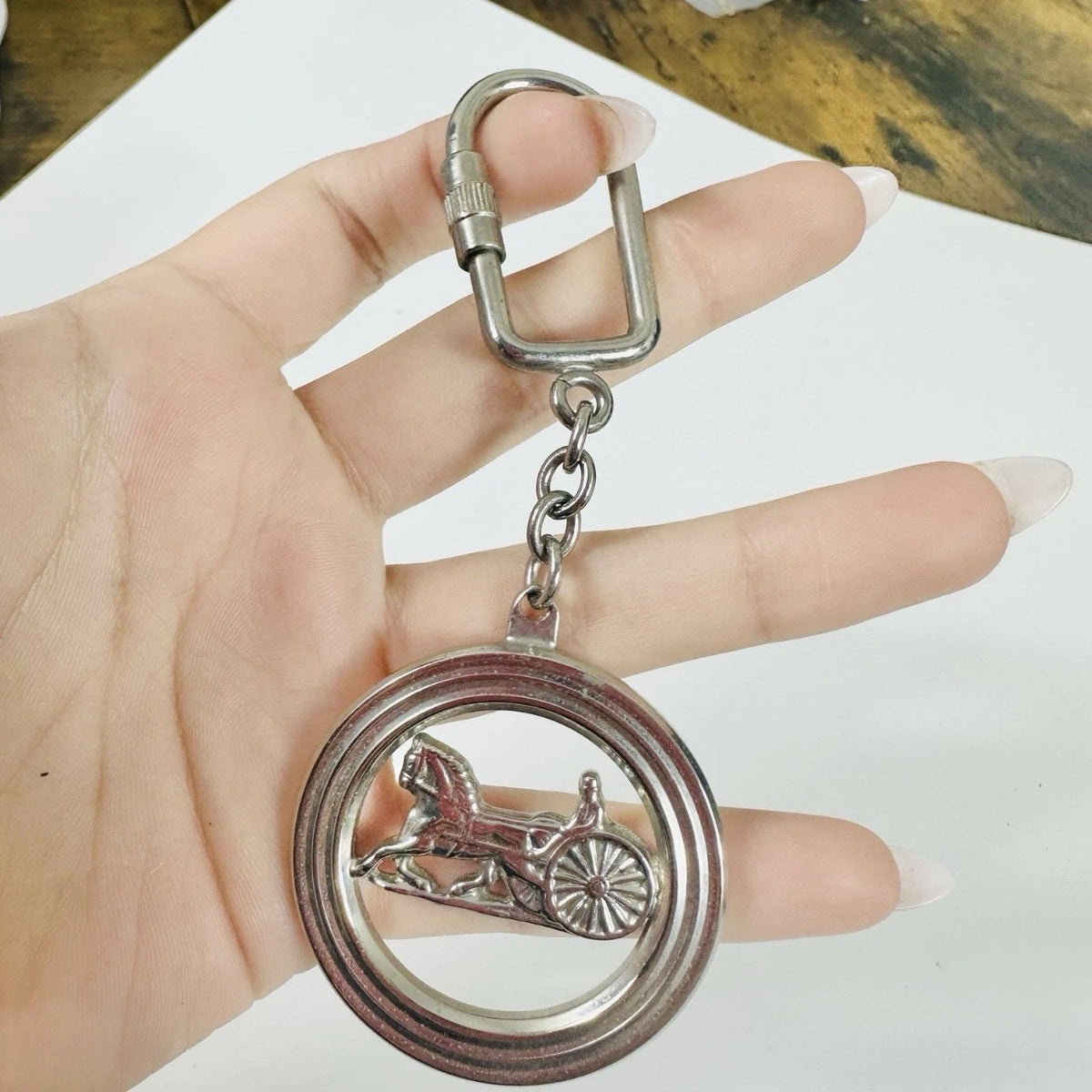 CELINE Silver Metal Horse Carriage Keychain Italy Bag Charm Carabiner Clip - Image 3