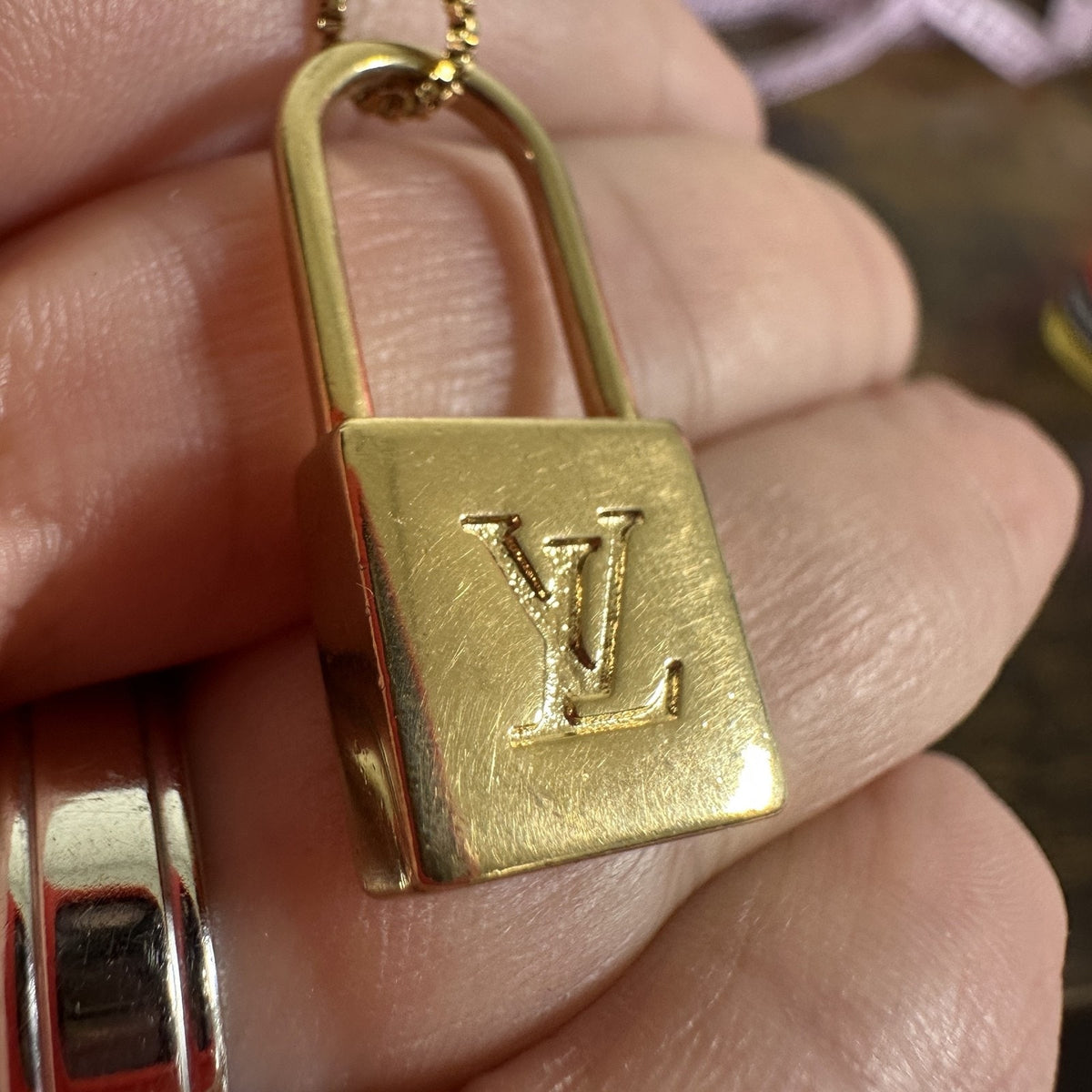 Louis Vuitton LV Logo Padlock Zipper Pull Upcycle Pendant Necklace Gold Tone
