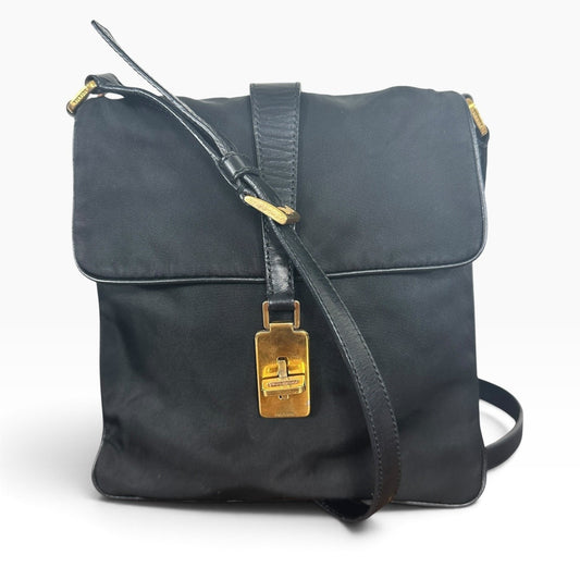 Prada Logo Crossbody Bag Womens Medium Black Nylon Leather Italy Gold Hardware