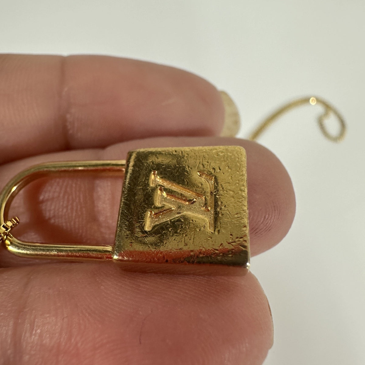 Louis Vuitton LV Logo Padlock Zipper Pull Upcycle Pendant Necklace Gold Tone
