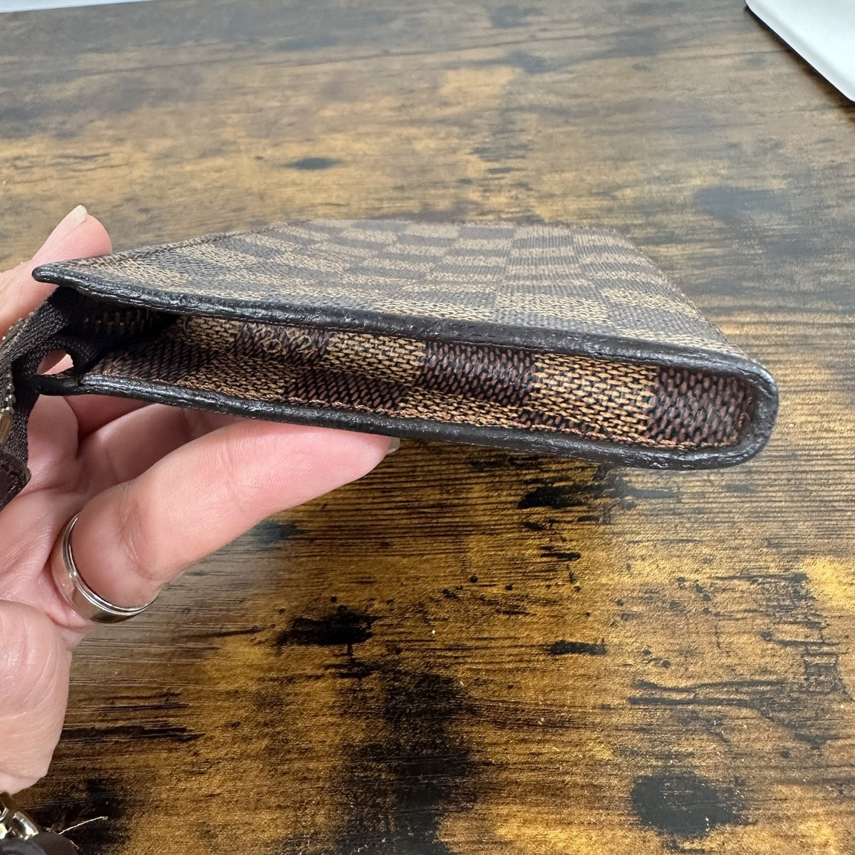 Louis Vuitton Damier Ebene Accessories Pochette Mini Brown Canvas Wristlet