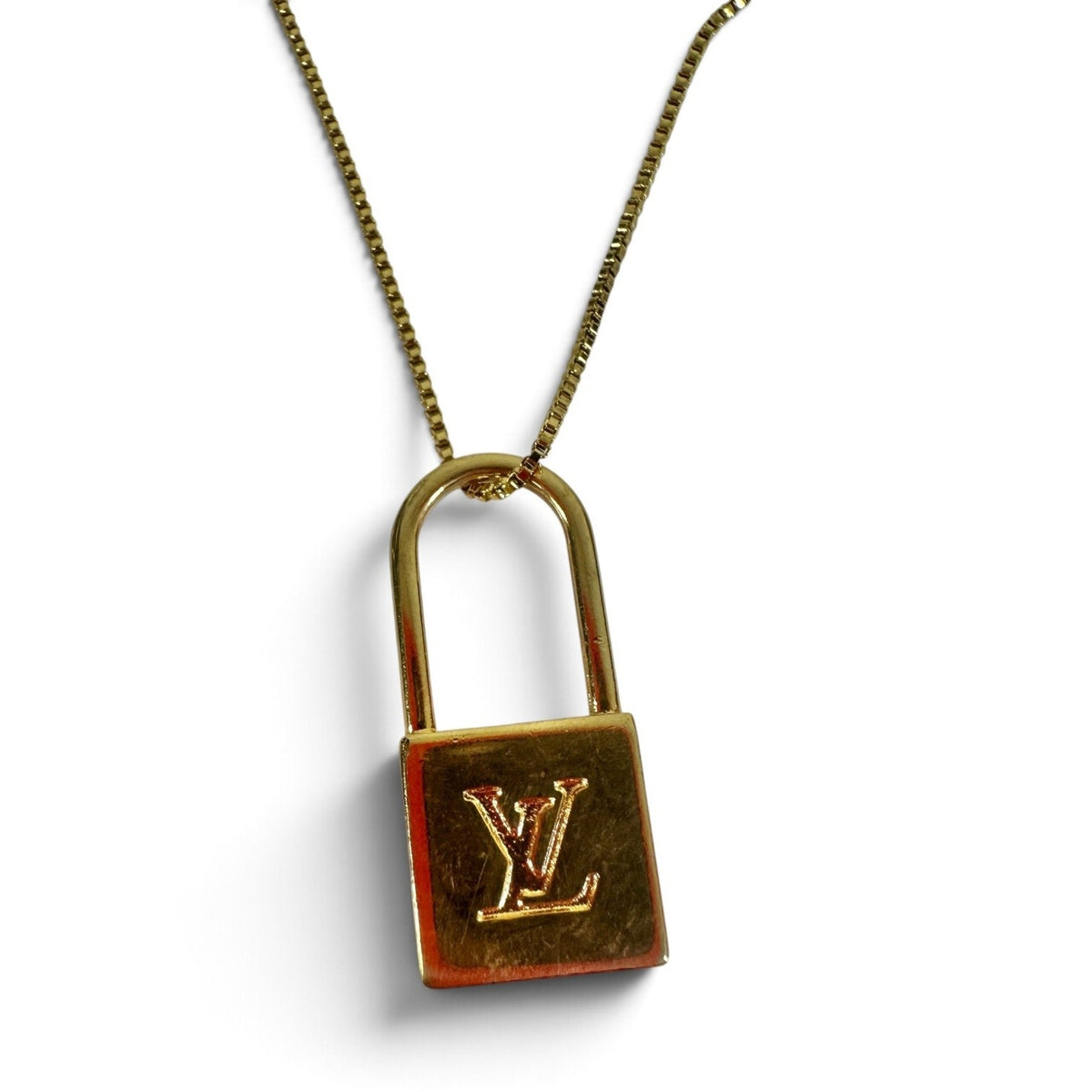 Louis Vuitton LV Logo Padlock Zipper Pull Upcycle Pendant Necklace Gold Tone