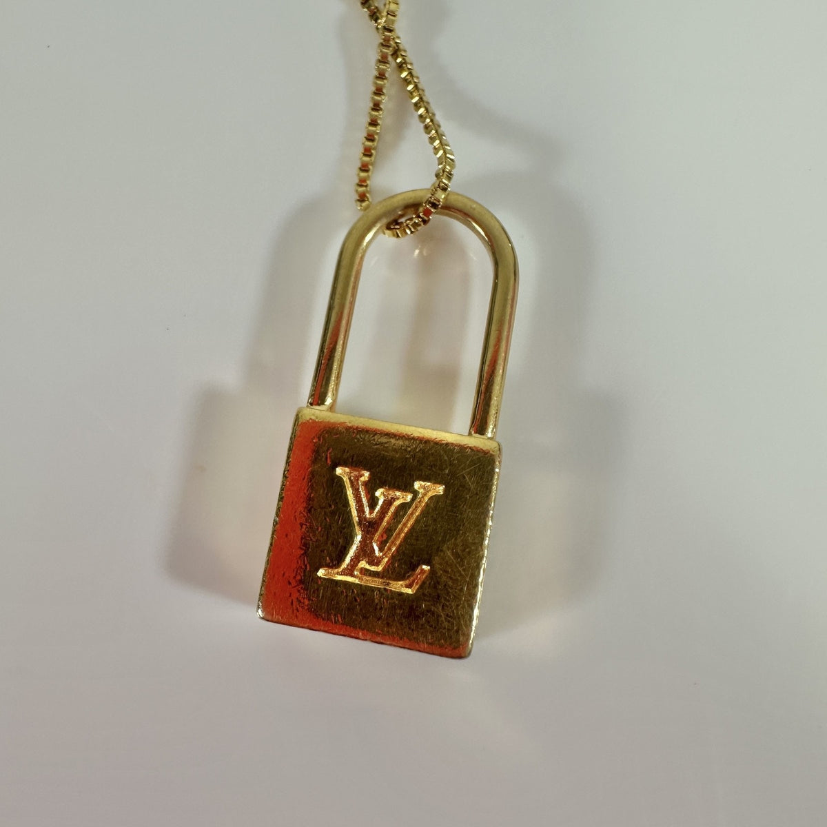 Louis Vuitton LV Logo Padlock Zipper Pull Upcycle Pendant Necklace Gold Tone