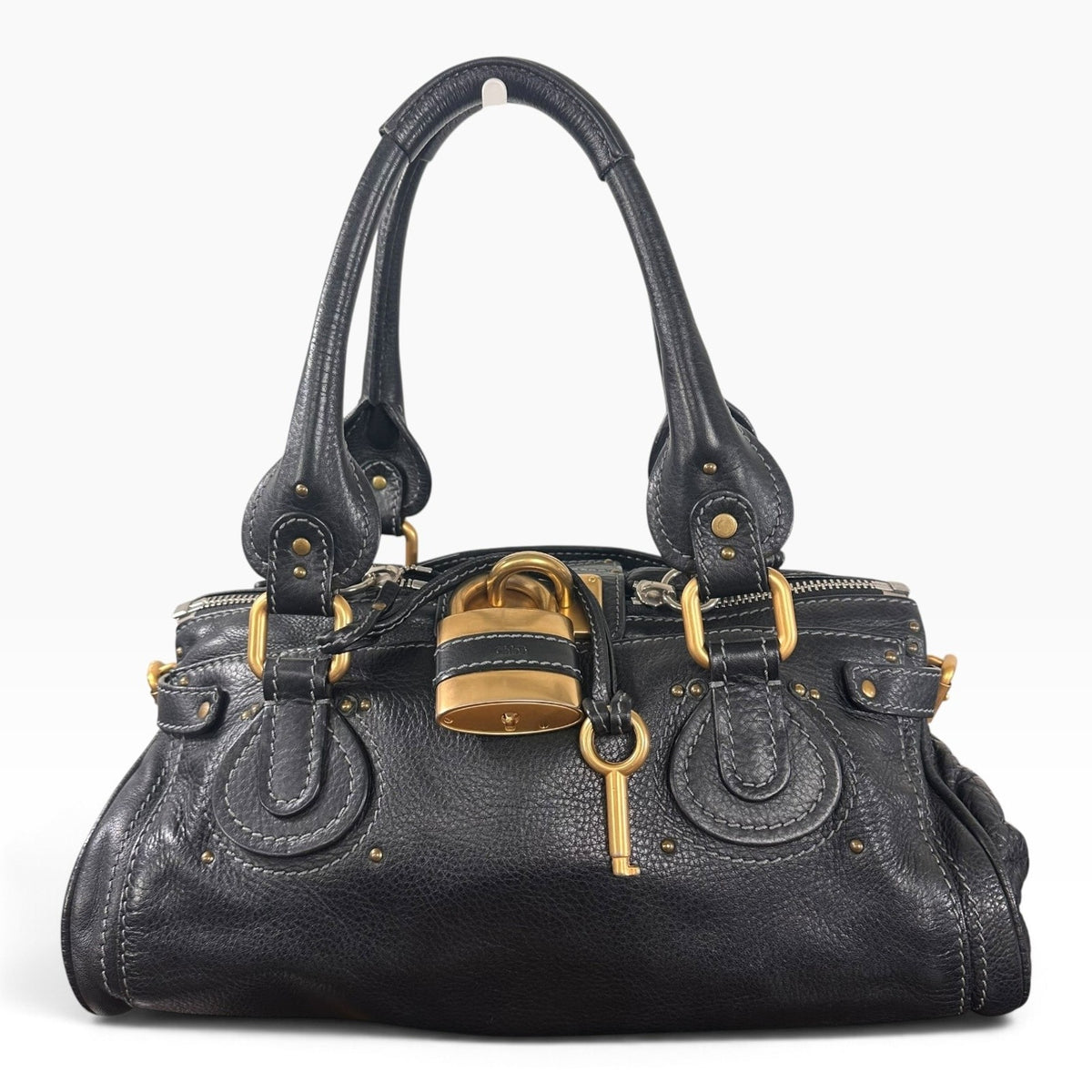 Chloe Paddington Satchel Bag Womens Medium Black Leather Gold Padlock Italy