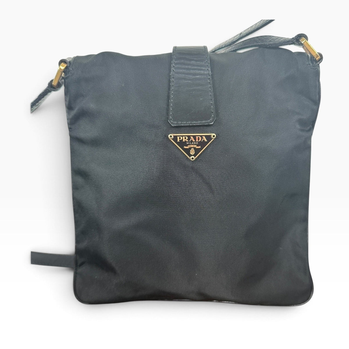 Prada Logo Crossbody Bag Womens Medium Black Nylon Leather Italy Gold Hardware