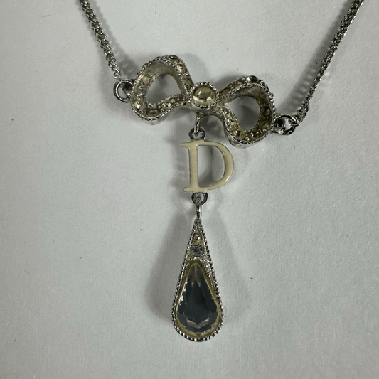 Christian Dior Letter D” Y-Drop Silver Tone Rhinestone Pendant Necklace