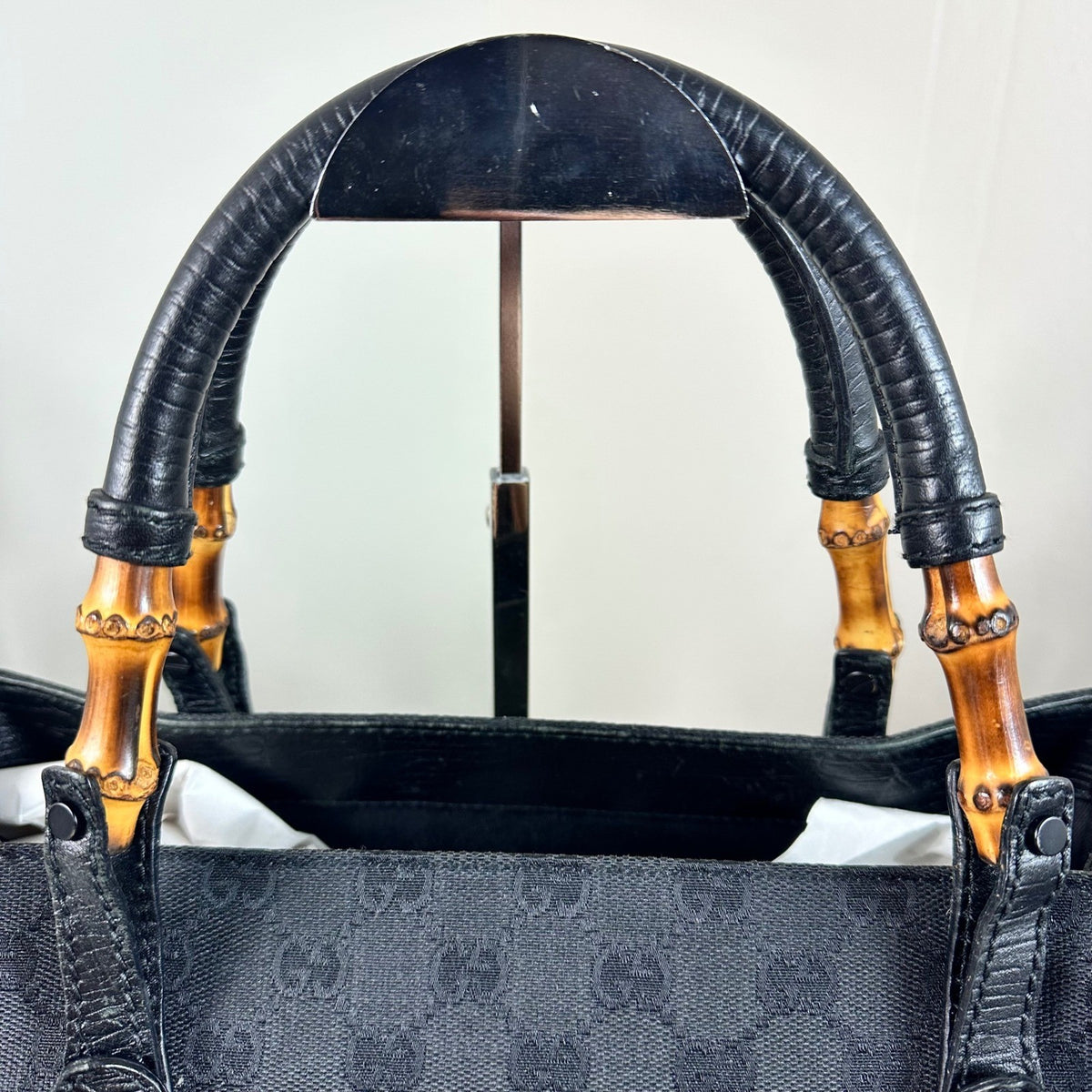 Gucci GG Canvas Bamboo Handle Tote Bag Handbag Black