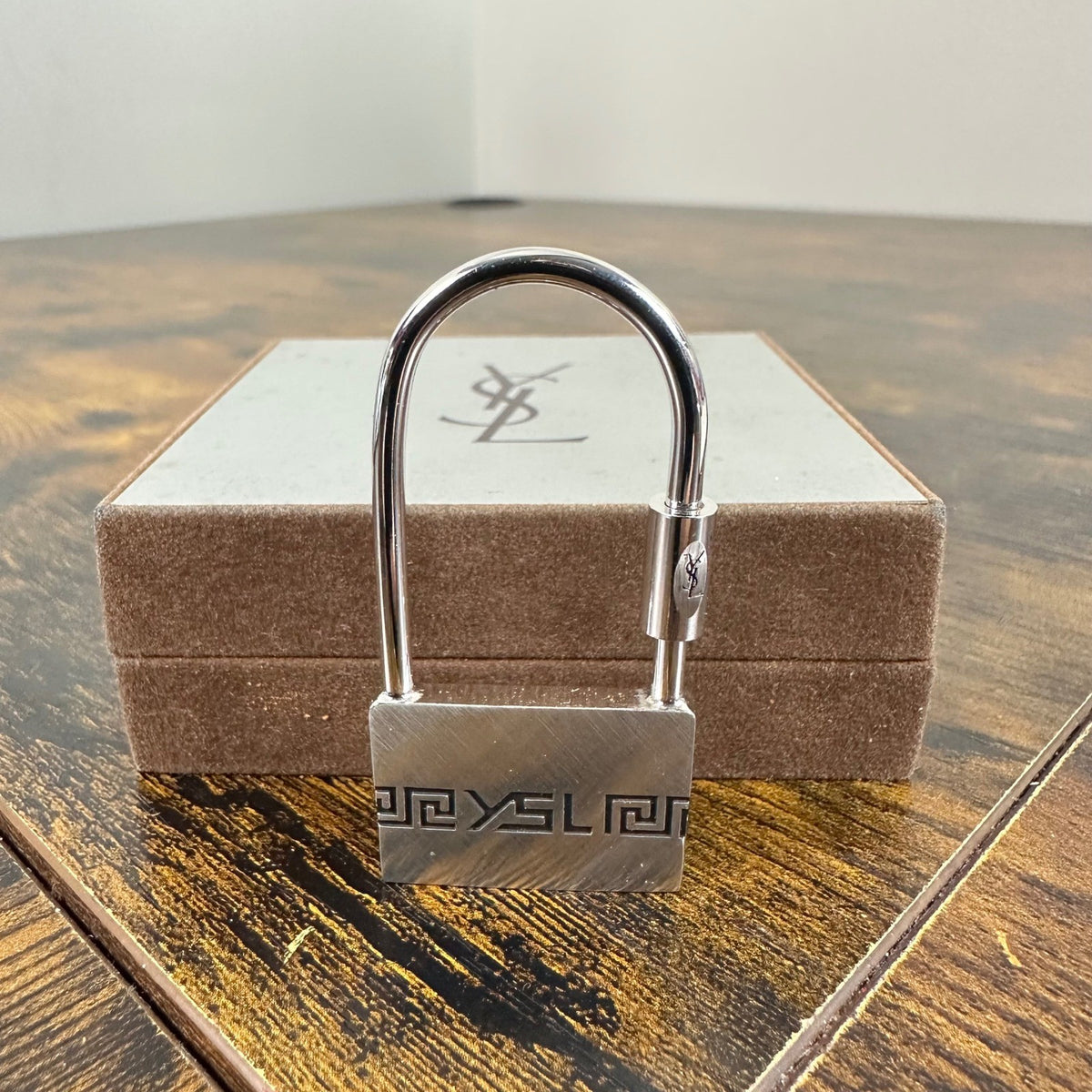 YSL Yves Saint Laurent Padlock Bag Charm Key Ring Silver Greek Key w/Box Vintage