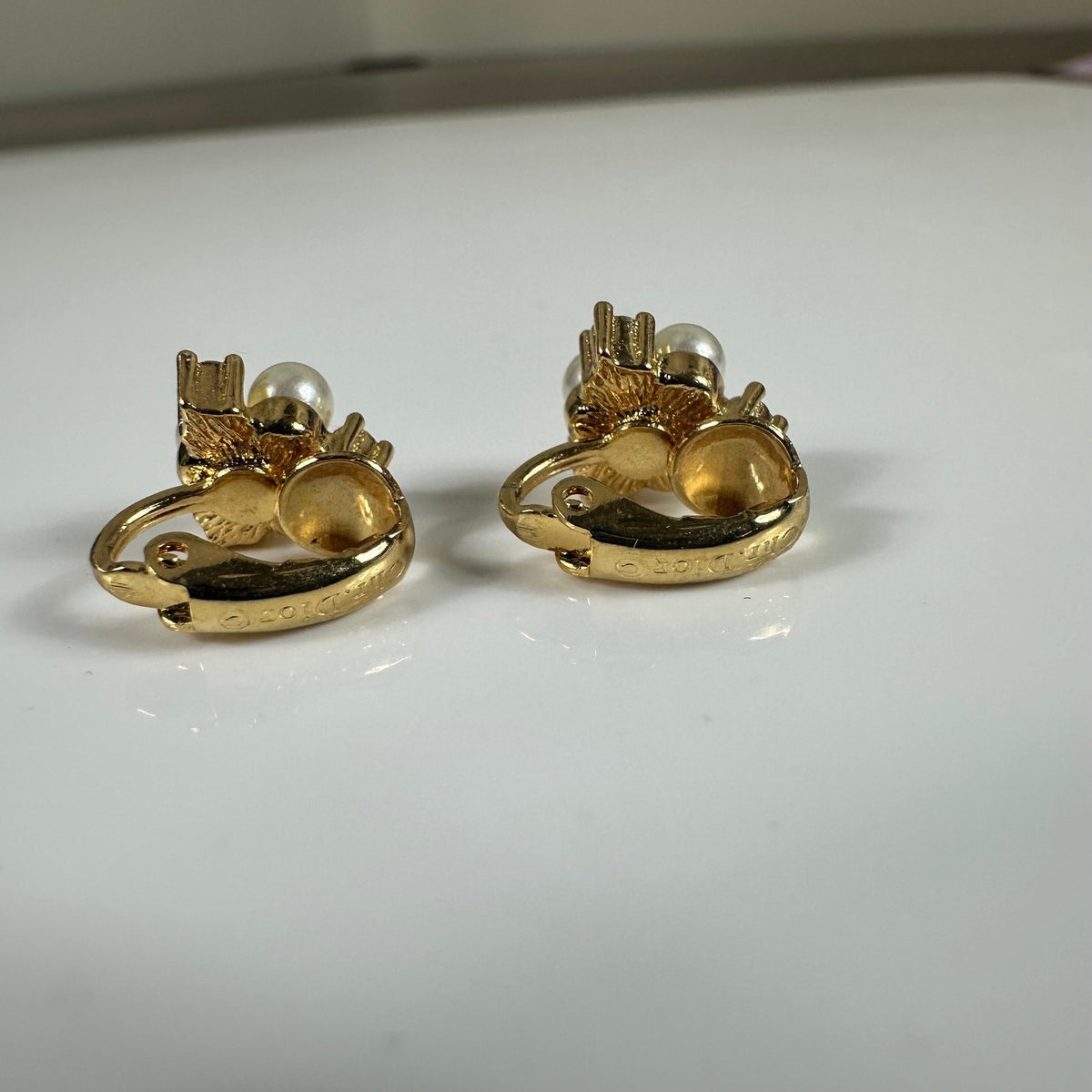 Christian Dior Gold Tone Clip On Earrings Faux Pearl Rhinestones Authentic