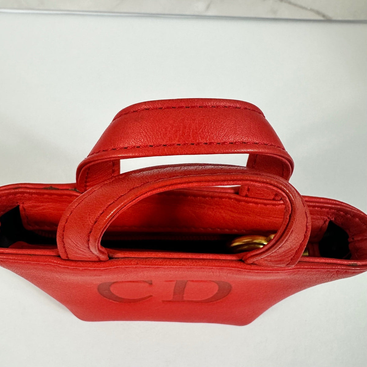 Christian Dior Red Leather Micro Tote Bag CD Logo Charm Handbag