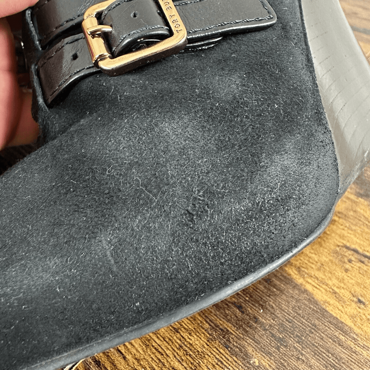 Tory Burch Gabrielle Buckle Suede Black Wedge Booties Size 6