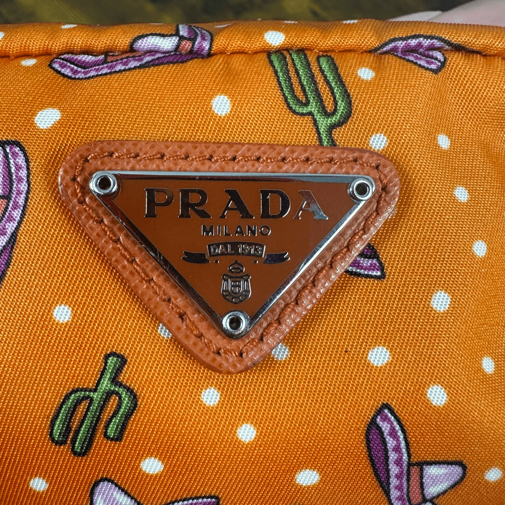 Prada Tessuto Nylon Wristlet Pouch Bag Orange Sombreros Cactus Colorful Festive
