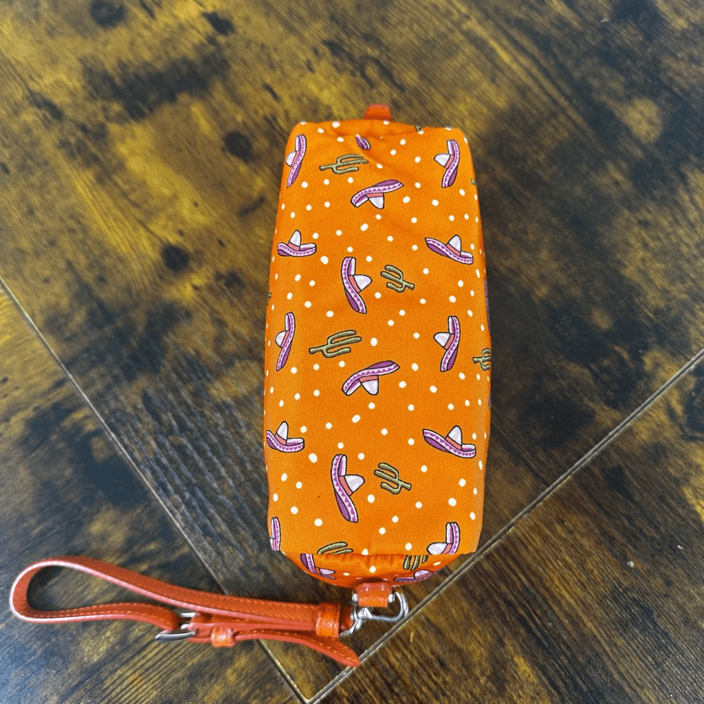 Prada Tessuto Nylon Wristlet Pouch Bag Orange Sombreros Cactus Colorful Festive
