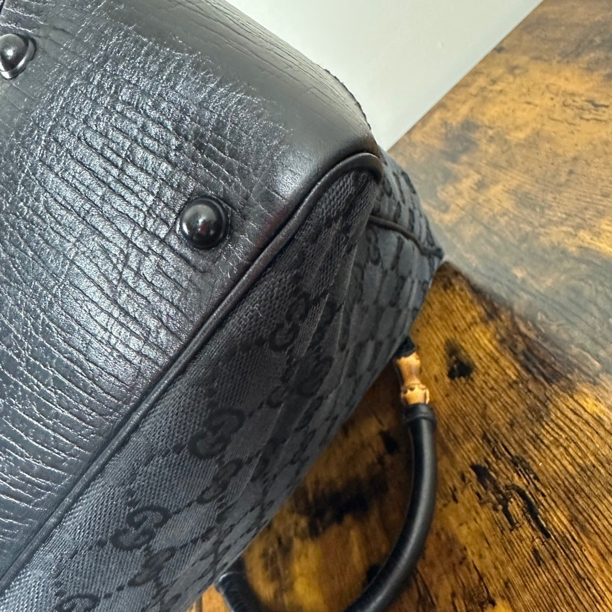 Gucci GG Canvas Bamboo Handle Tote Bag Handbag Black