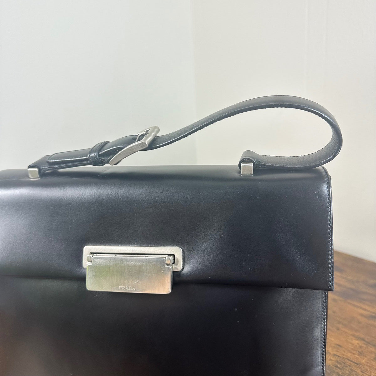 Prada Milano Vitello Lissato Black Leather Top Handle Bag Authentic Designer