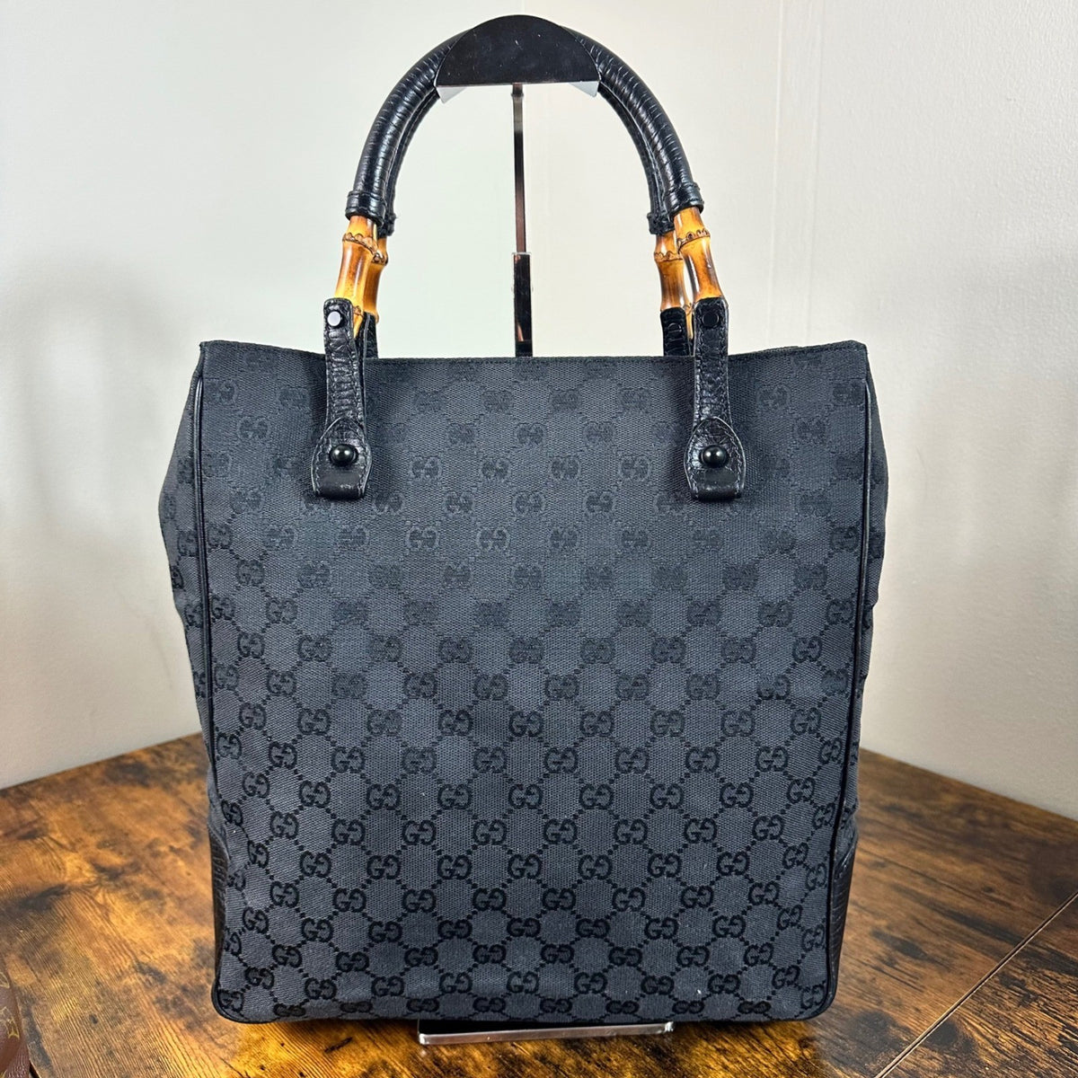 Gucci GG Canvas Bamboo Handle Tote Bag Handbag Black