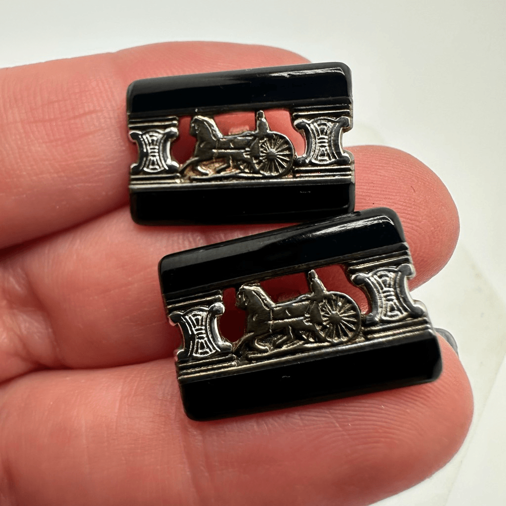 Celine Macadam Horse Carriage Black Enamel Silver 925 Cufflinks