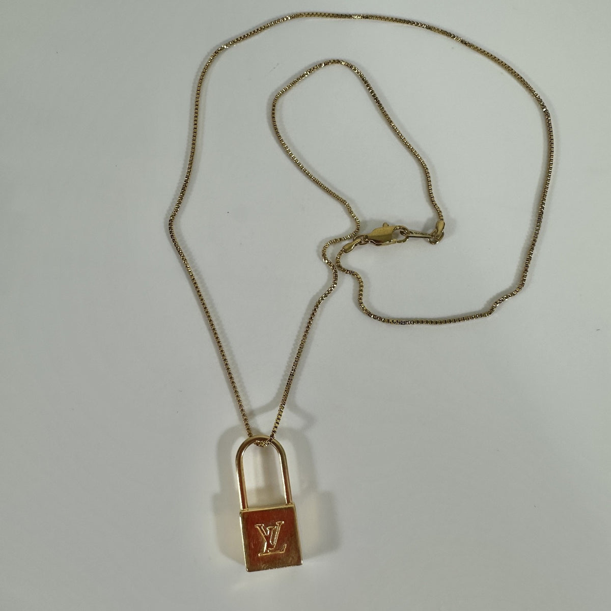 Louis Vuitton LV Logo Padlock Zipper Pull Upcycle Pendant Necklace Gold Tone