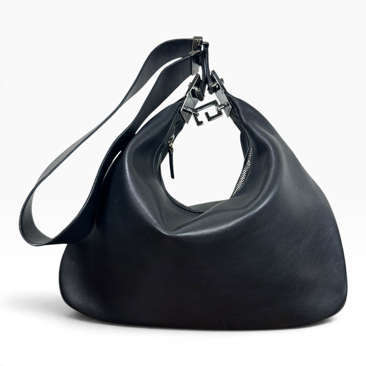 Gucci Leather Hobo Bag Large Solid Black Nylon Shoulder Italy Silver Hardware