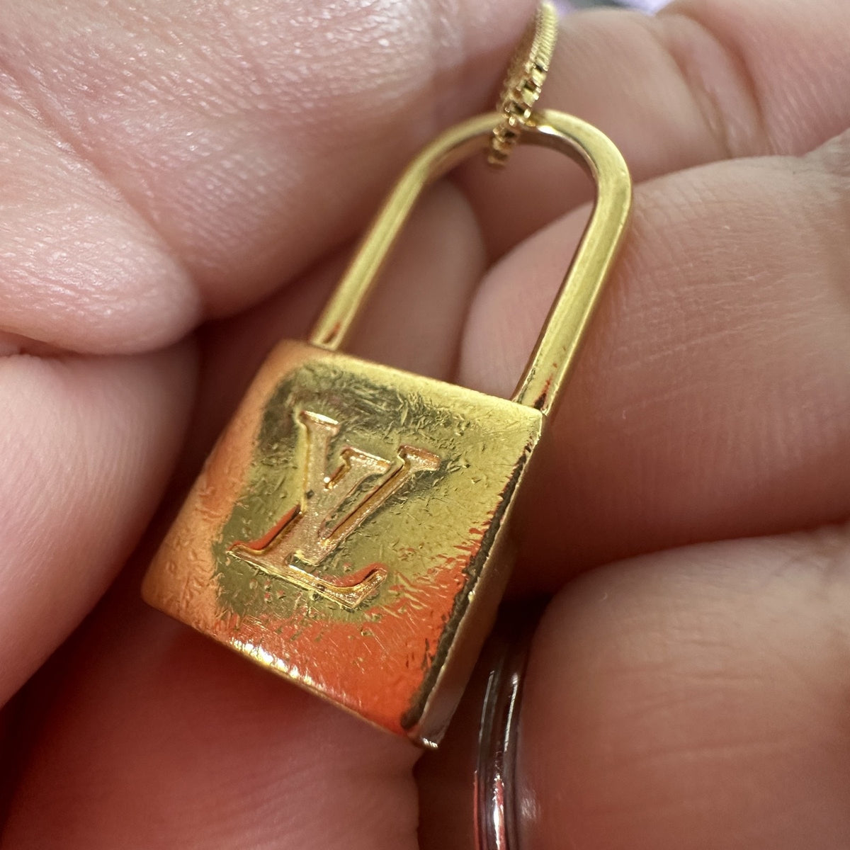 Louis Vuitton LV Logo Padlock Zipper Pull Upcycle Pendant Necklace Gold Tone