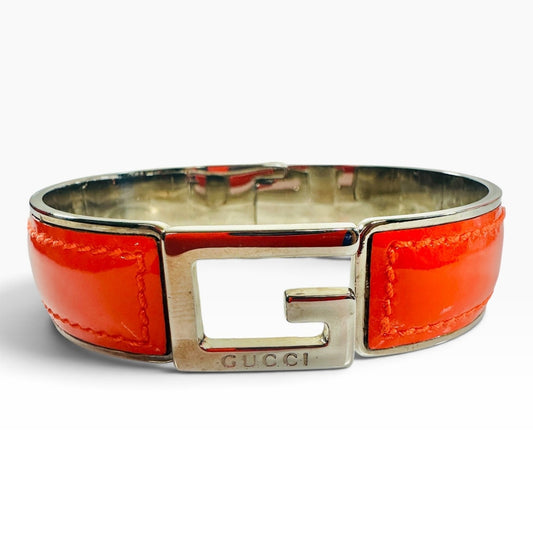 Gucci Orange Leather G Logo Bangle Bracelet Silver Tone Made In Italy Designer