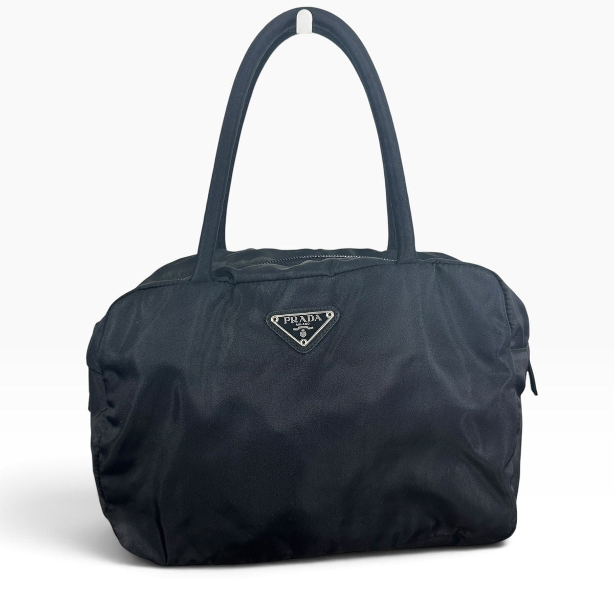 Prada Nylon Shoulder Bag Womens Medium Black Leather Trim Italy Silver