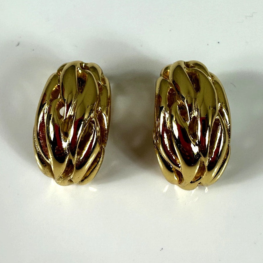 Christian Dior Vintage Gold Tone Half Hoop Clip On Earrings Vintage Authentic