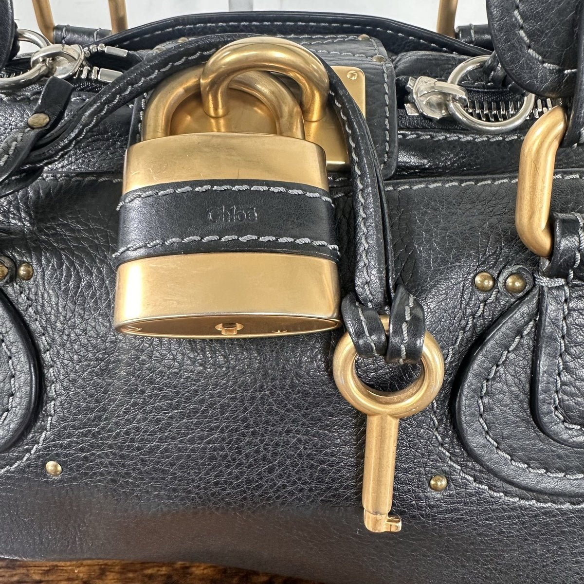 Chloe Paddington Satchel Bag Womens Medium Black Leather Gold Padlock Italy