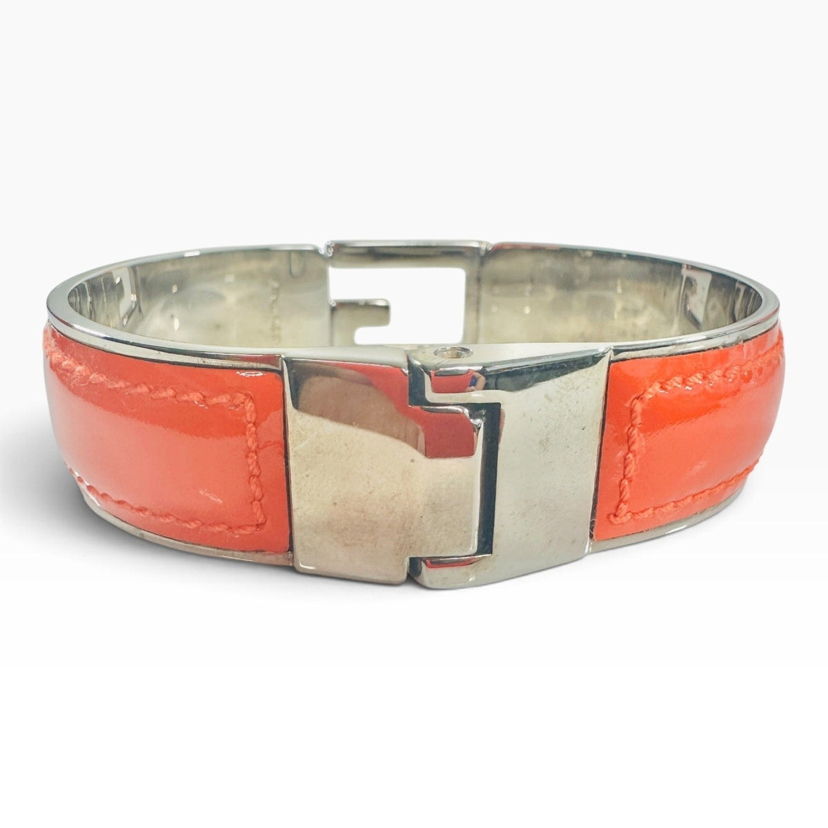 Gucci Orange Leather G Logo Bangle Bracelet Silver Tone Made In Italy Designer