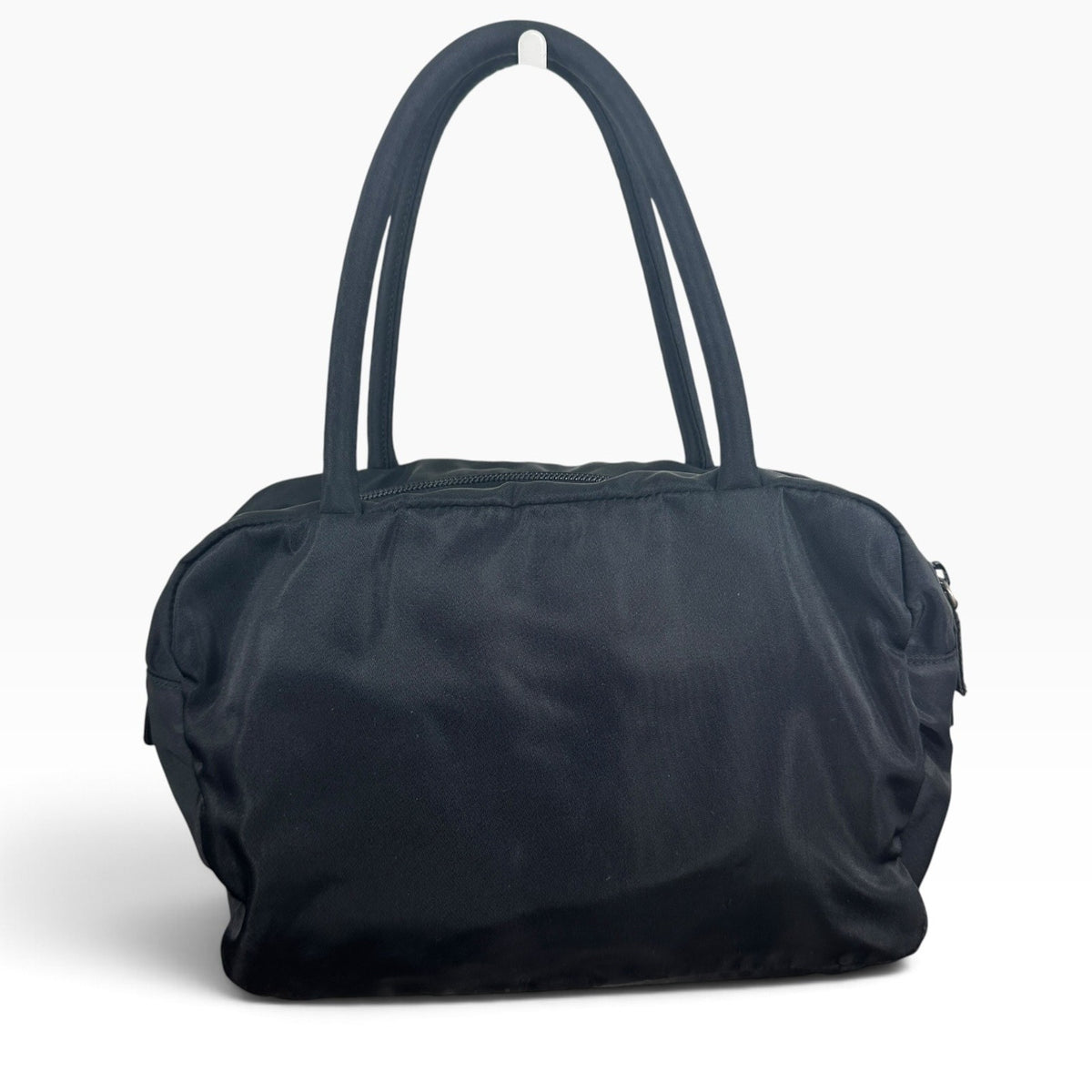 Prada Nylon Shoulder Bag Womens Medium Black Leather Trim Italy Silver