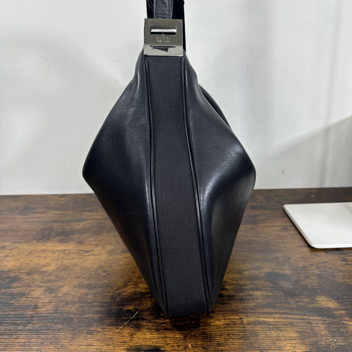 Gucci Leather Hobo Bag Large Solid Black Nylon Shoulder Italy Silver Hardware