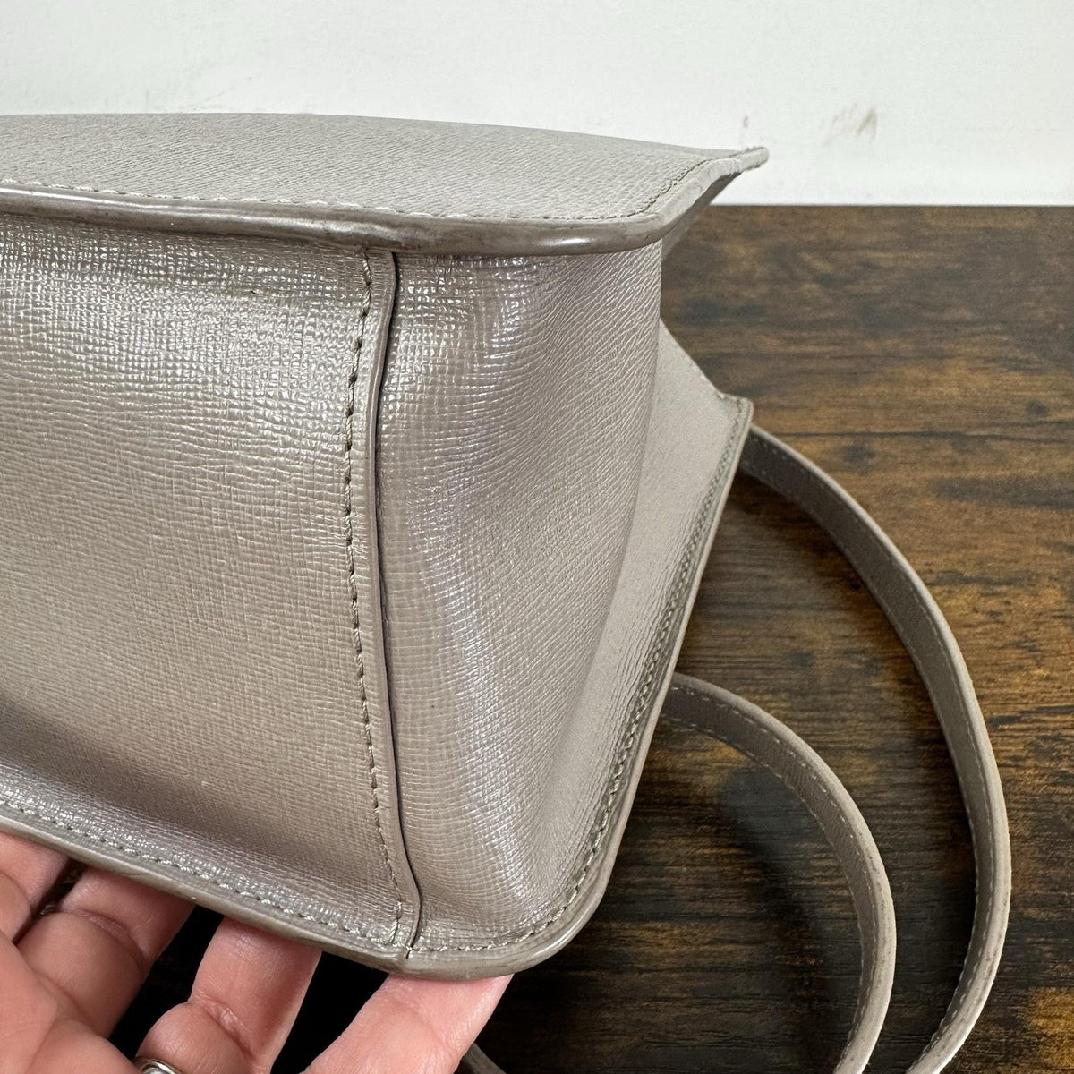 Furla Satchel Crossbody Bag Womens Small Gray Leather Top Handle Gold Hardware