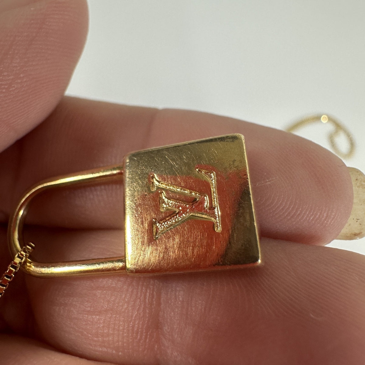 Louis Vuitton LV Logo Padlock Zipper Pull Upcycle Pendant Necklace Gold Tone